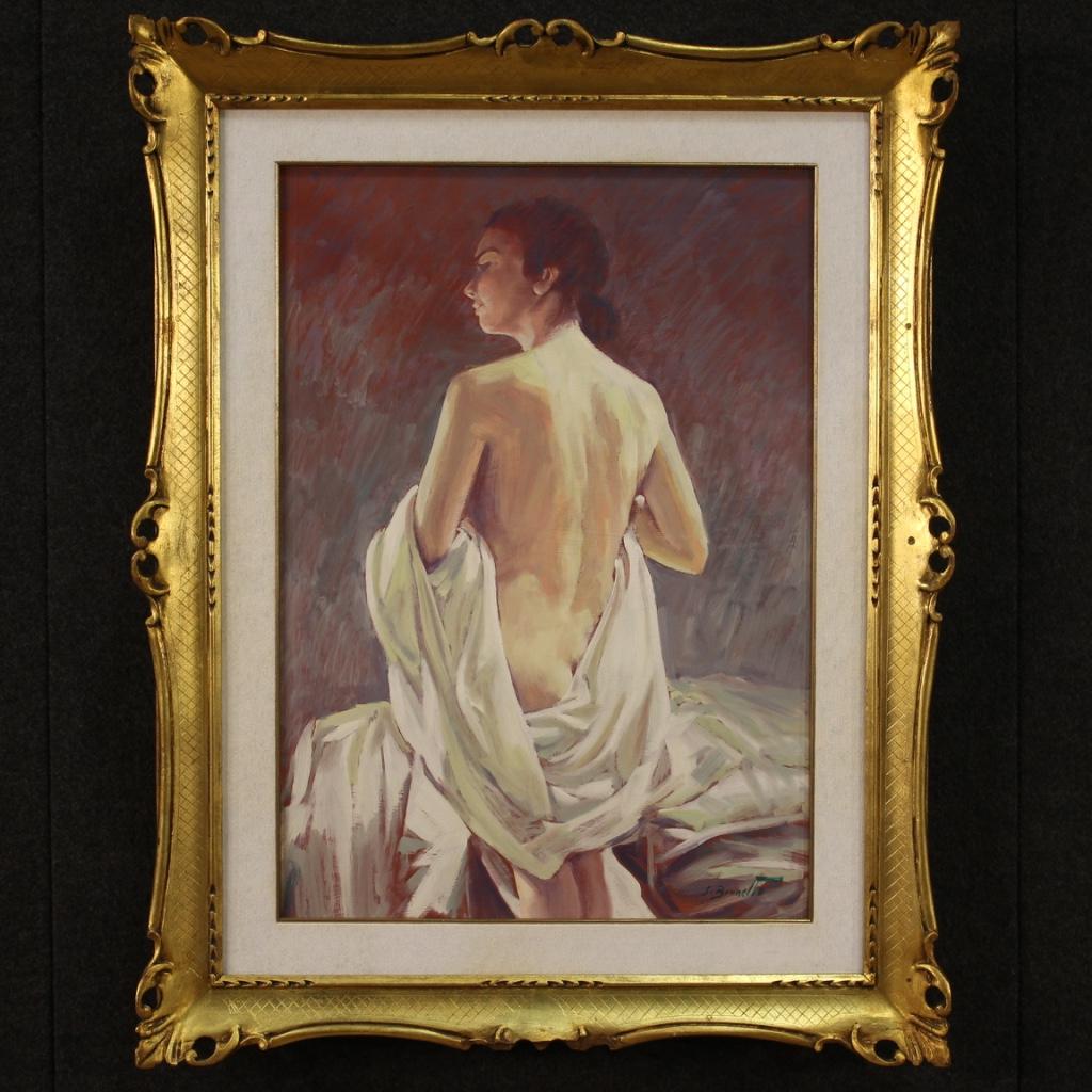 Italian painting dated 1975. Oil on masonite framework depicting a female nude of excellent pictorial quality. Painting signed lower right (see photo) S. Brunetto referable to the Torinese painter Silvio Brunetto (1932), lacking authentication. Nice