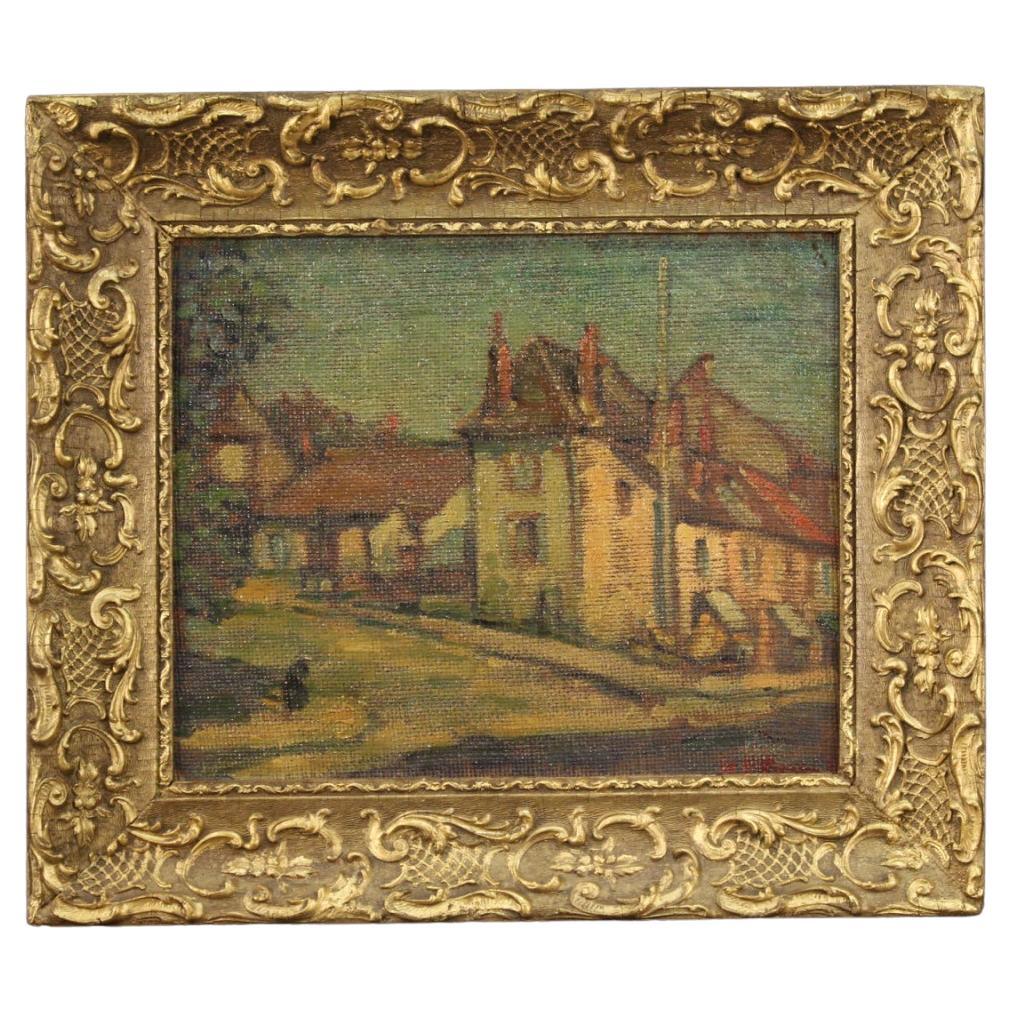 Peinture de paysage française du 20ème siècle à l'huile sur massonite signée, 1950