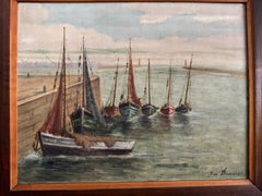 20th Century Oil on Panel, Fishing Boats by Jean Bernard, Saint-Nazaire