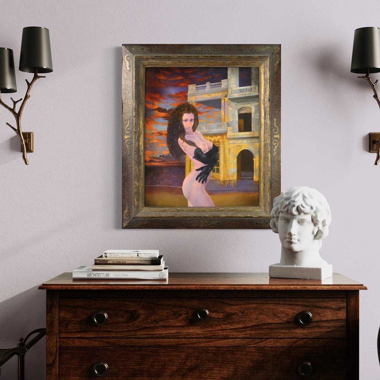 French painting from the late 20th century. Oil on panel artwork depicting a female nude, a sensual girl with a fantasy landscape of metaphysical style, of good pictorial quality. Modern carved, chiseled and lacquered wooden frame of beautiful