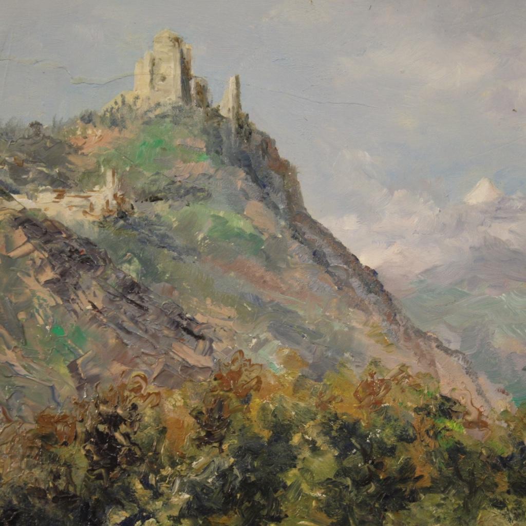 20th Century Oil on Panel Italian Landscape Painting Sacra di San Michele, 1948 For Sale 6
