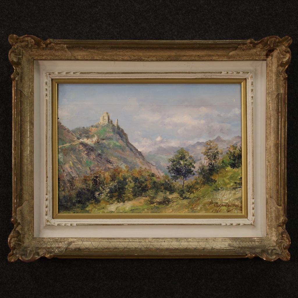 Italian painting dated 1948. Framework oil on panel depicting a view of the famous Sacra di San Michele (seen from Avigliana) of good pictorial quality. Small framework with frame in carved, lacquered and gilded wood and plaster of beautiful