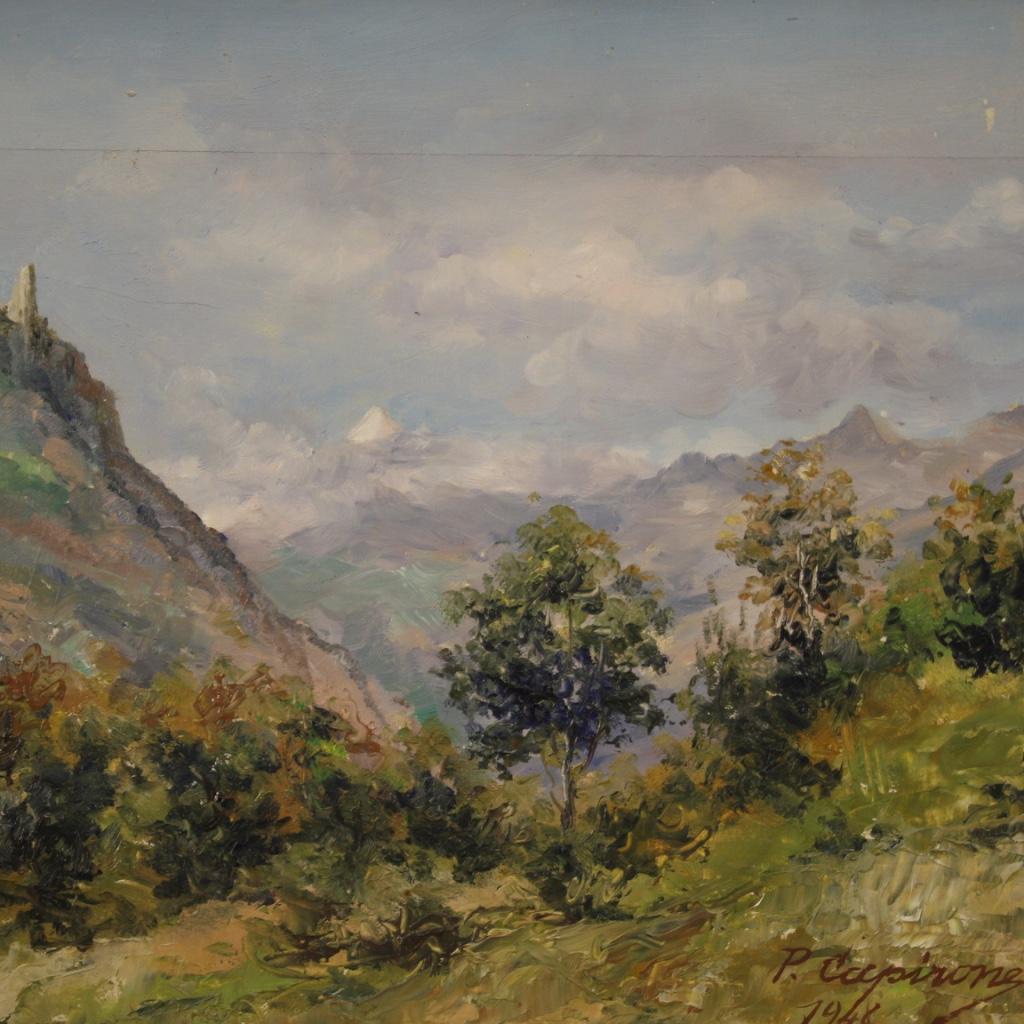 20. Jahrhundert Öl auf Tafel Italienische Landschaftsmalerei Sacra di San Michele, 1948 im Angebot 2