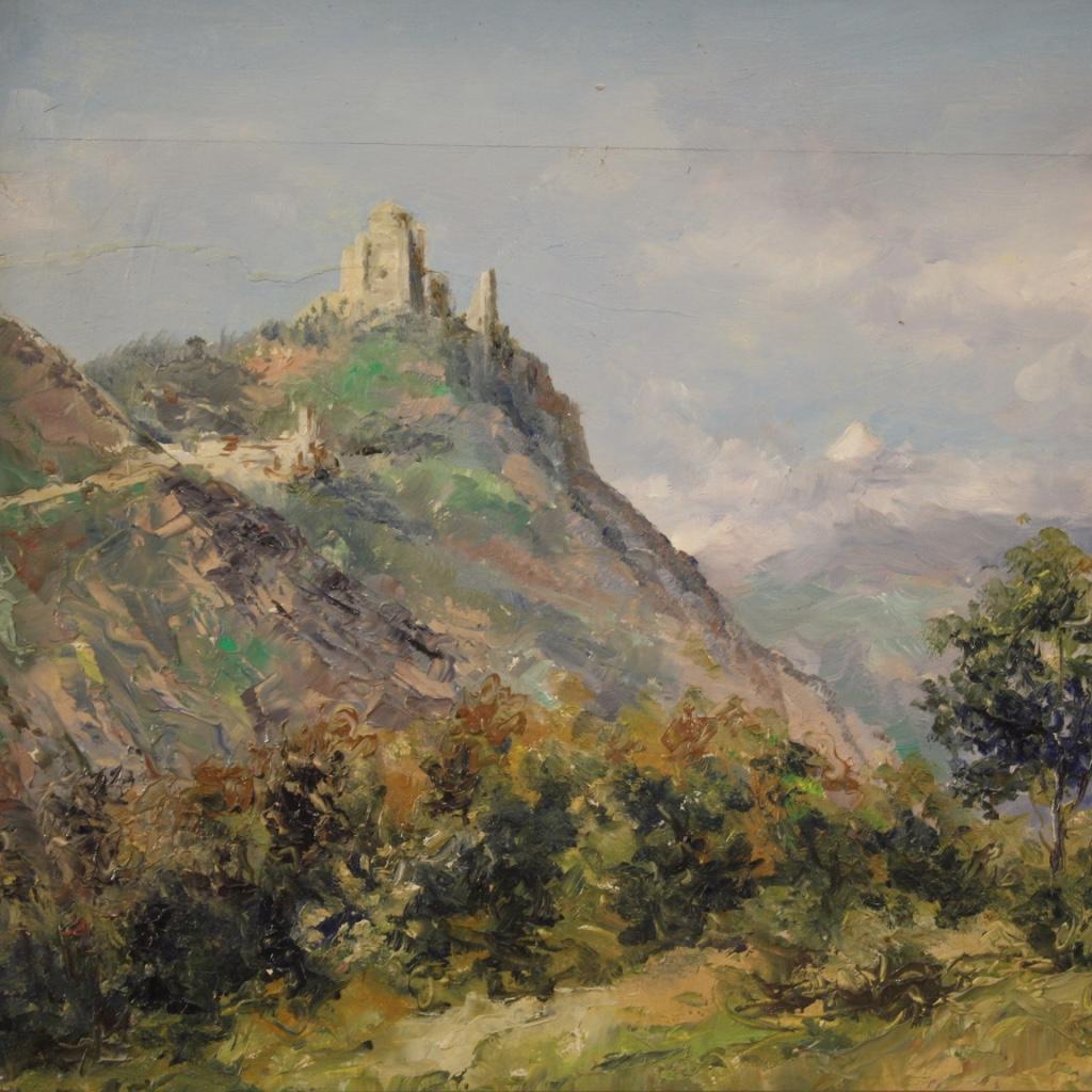 20. Jahrhundert Öl auf Tafel Italienische Landschaftsmalerei Sacra di San Michele, 1948 im Angebot 3