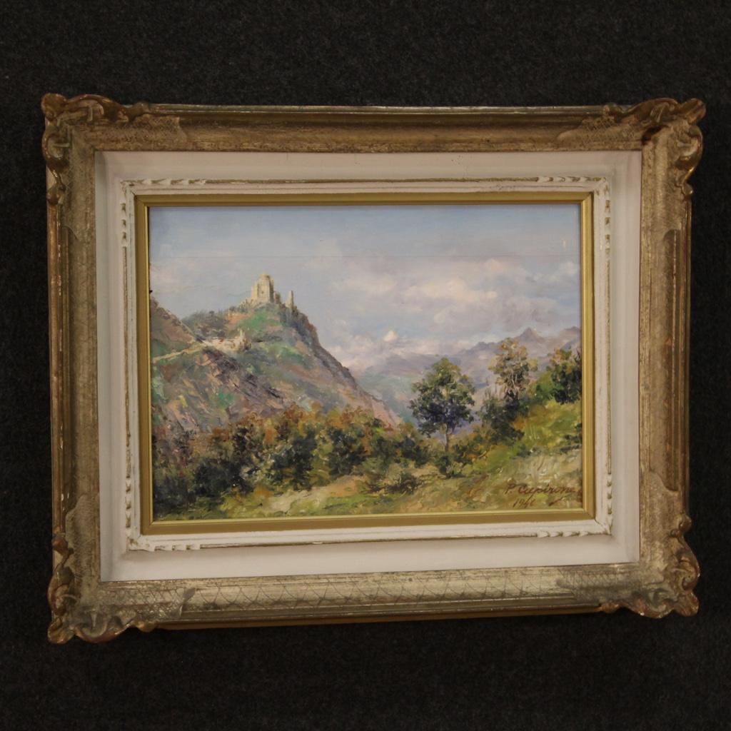 20. Jahrhundert Öl auf Tafel Italienische Landschaftsmalerei Sacra di San Michele, 1948 im Angebot 4