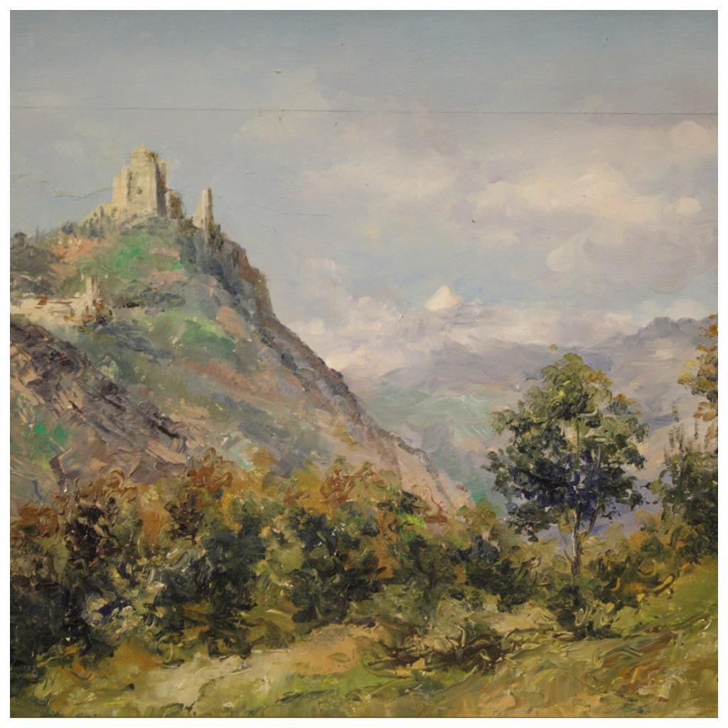 20. Jahrhundert Öl auf Tafel Italienische Landschaftsmalerei Sacra di San Michele, 1948