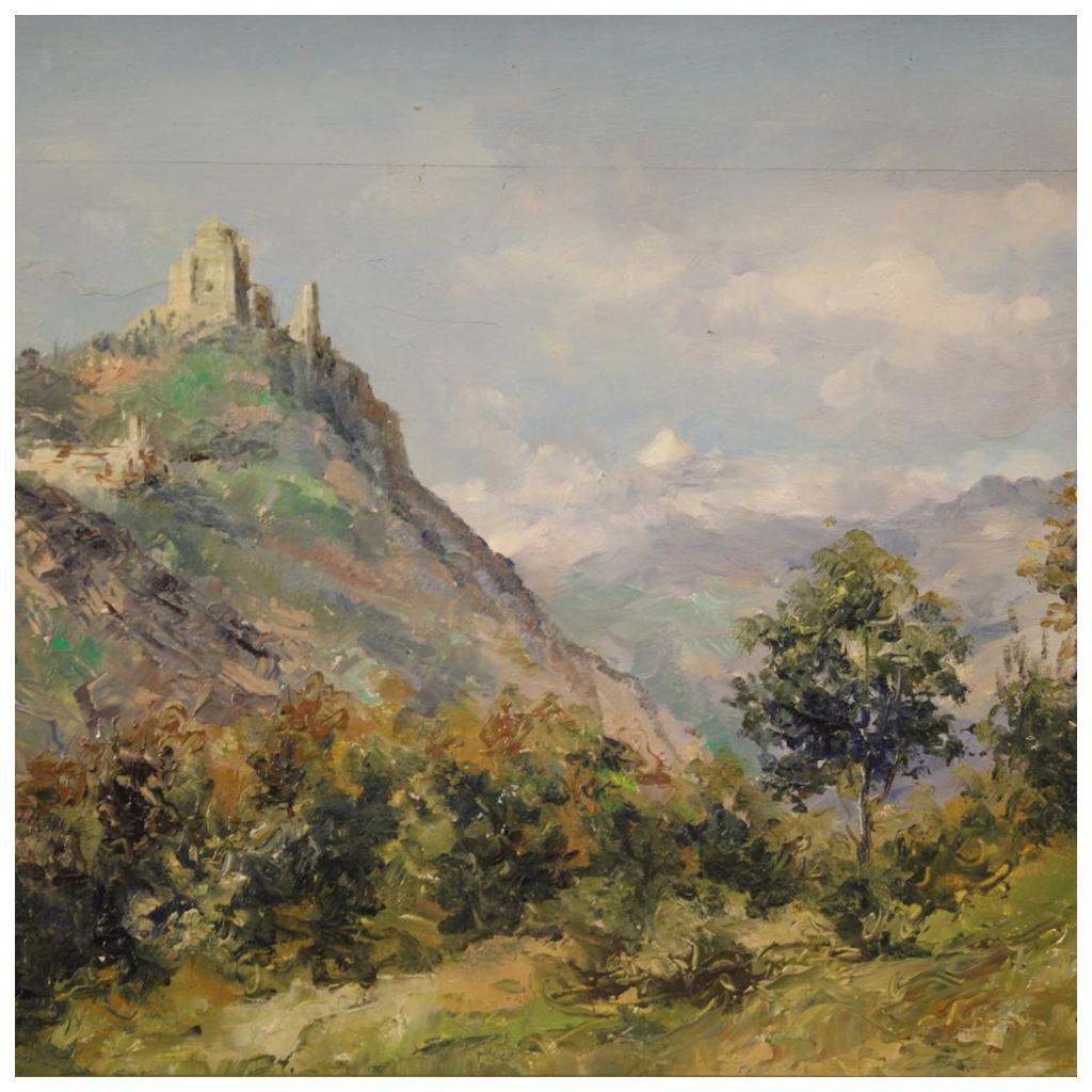 Siglo XX Óleo sobre tabla Paisaje italiano Sacra di San Michele, 1948