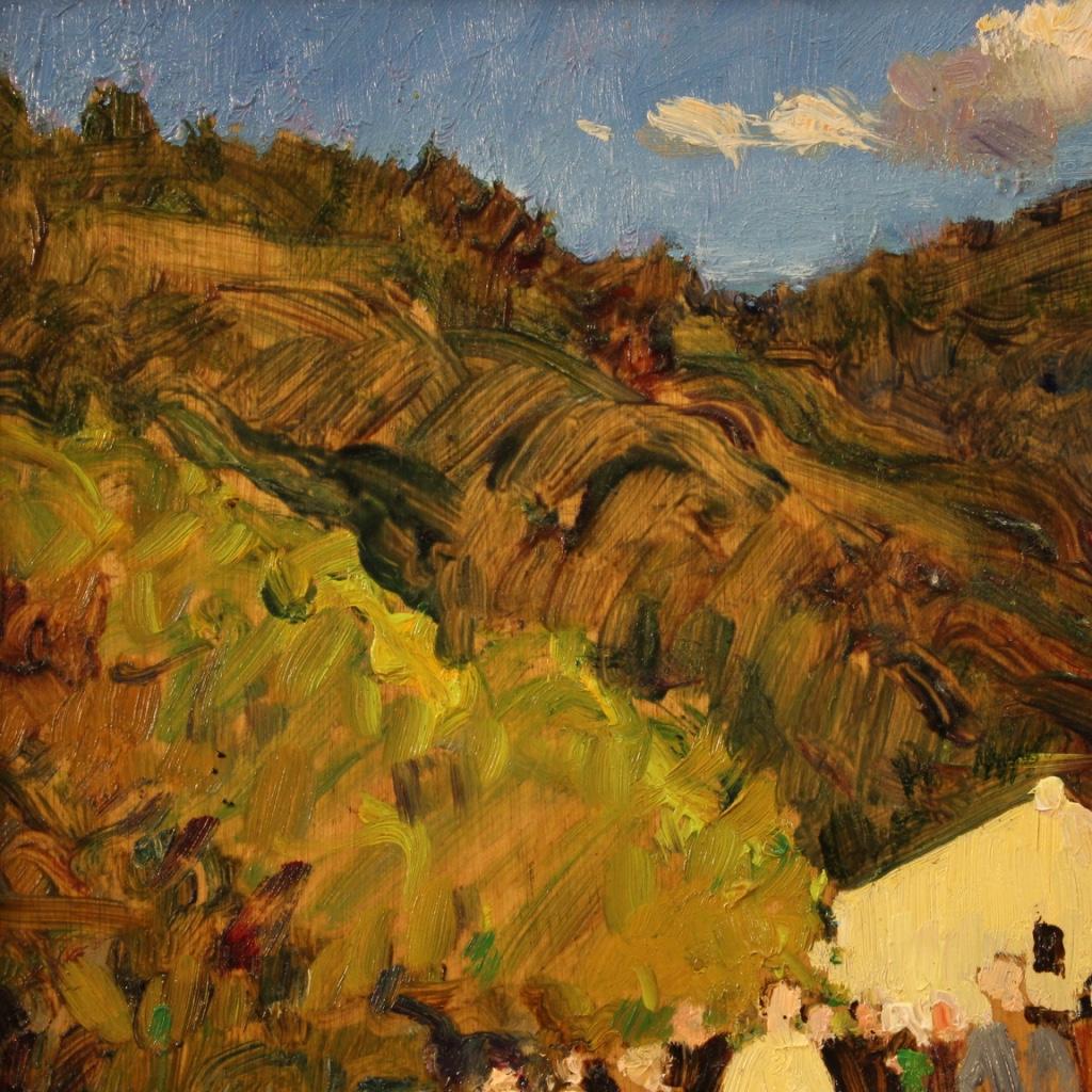 20th Century Oil on Panel Italian Painting Landscape The Procession, 1970 6