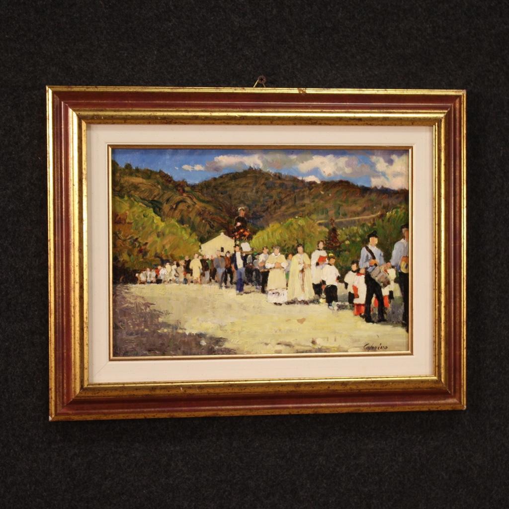 20th Century Oil on Panel Italian Painting Landscape The Procession, 1970 7