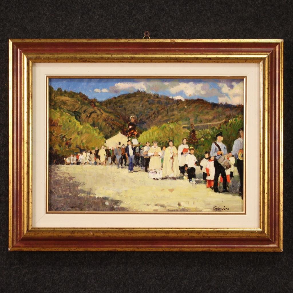 Italian painting from the 60s / 70s. Framework oil on panel depicting The Procession, view with numerous characters, of excellent brightness and good pictorial quality. Painting signed on the lower right Caprino (see picture) referable to the