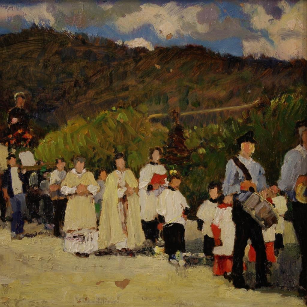 20th Century Oil on Panel Italian Painting Landscape The Procession, 1970 3