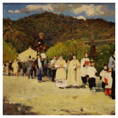 20th Century Oil on Panel Italian Painting Landscape The Procession, 1970