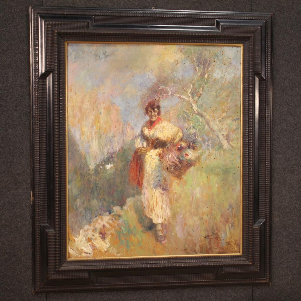 20th Century Oil on Panel Italian Painting Landscape with Female Figure, 1950 7