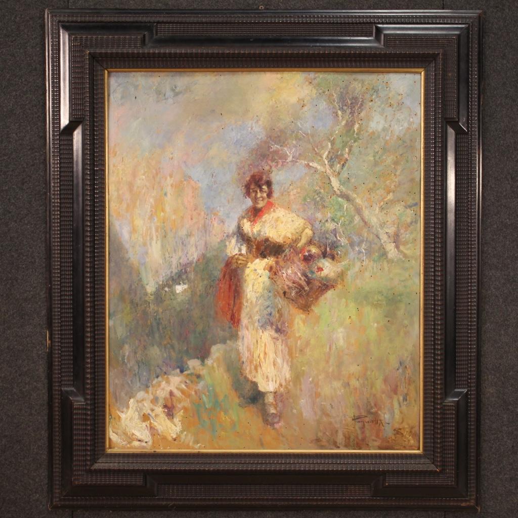 Italian painting from the middle of the 20th century. Framework oil on panel depicting landscape with female figure in impressionist style of good pictorial quality. Nice size and pleasantly decorated painting with ebonized guilloche wooden frame
