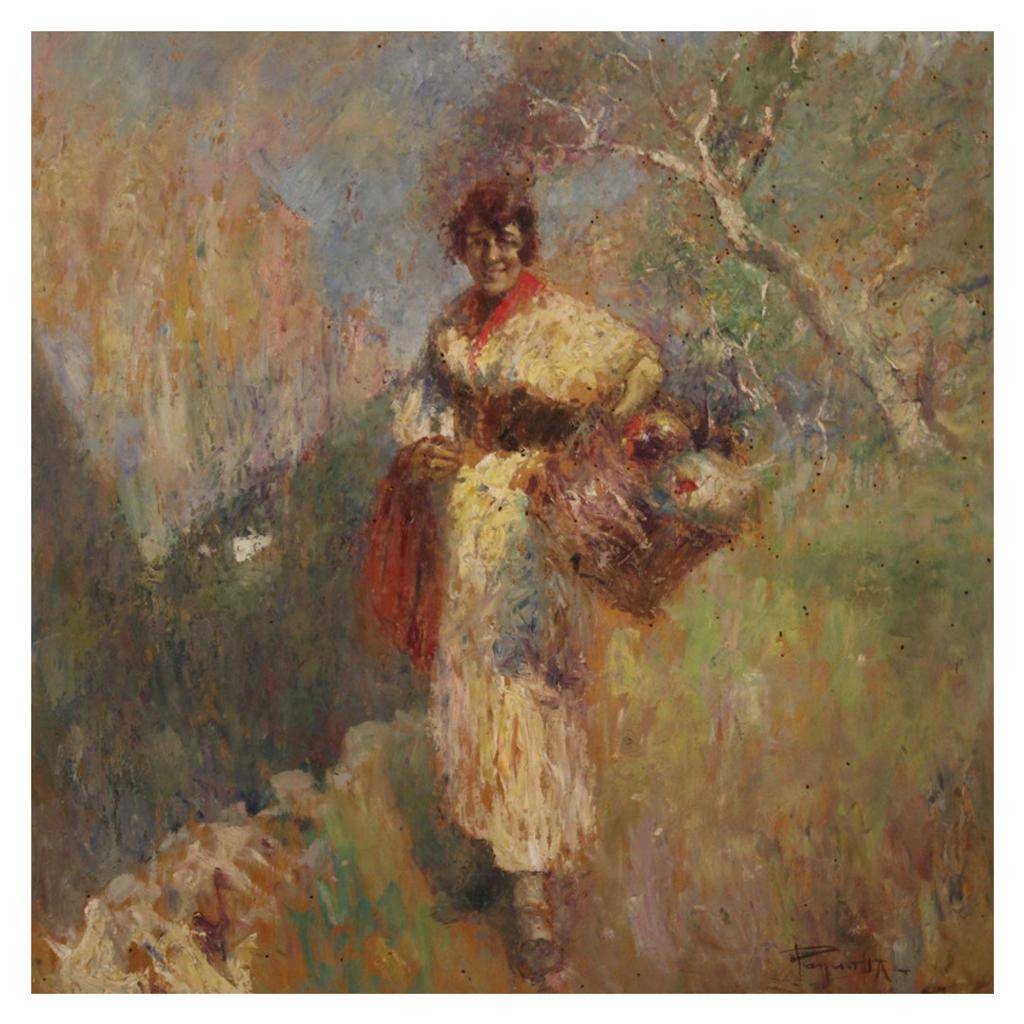 20th Century Oil on Panel Italian Painting Landscape with Female Figure, 1950