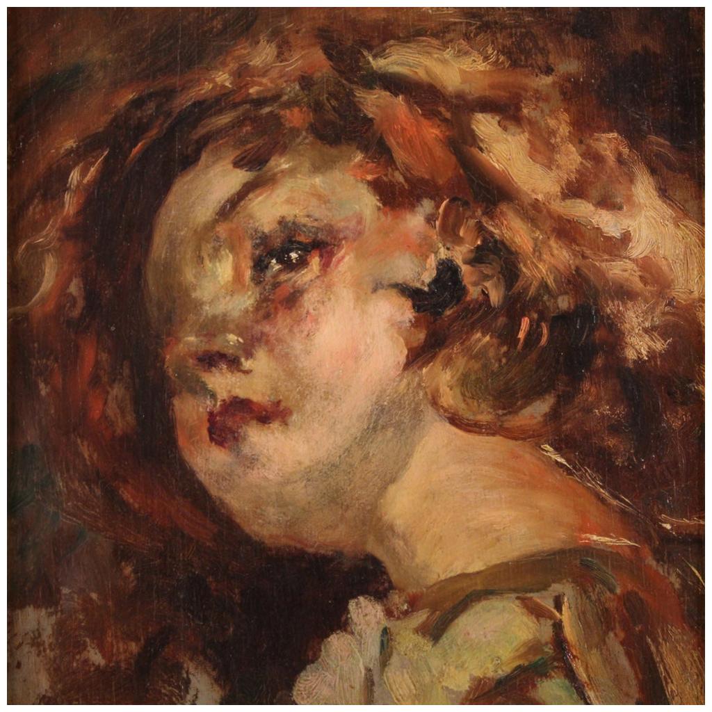 20th Century Oil on Panel Italian Painting Portrait of a Little Girl, 1910