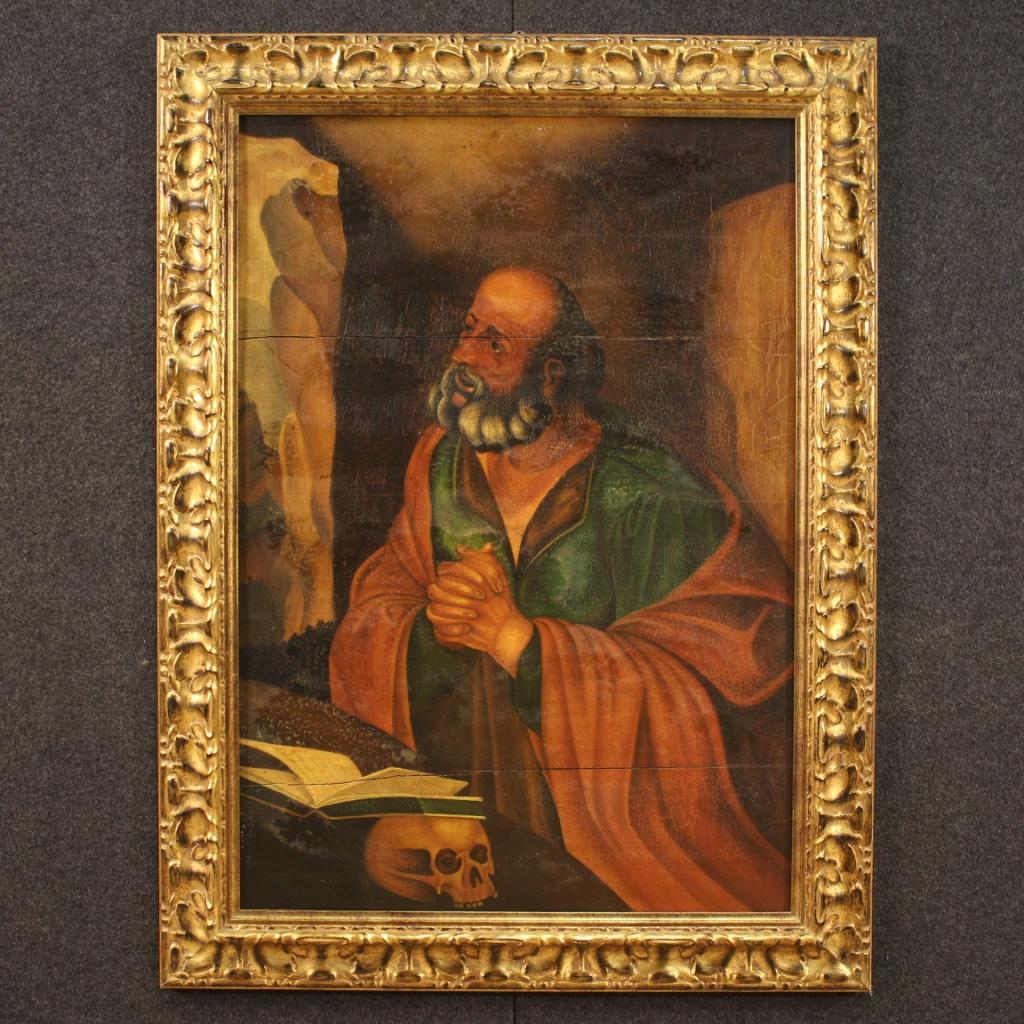 Great Italian painting from 20th century. 17th century style oil on panel framework depicting a religious subject of Saint Jerome of good pictorial quality. Modern carved and gilded wooden frame of beautiful decoration. Framework of great size and