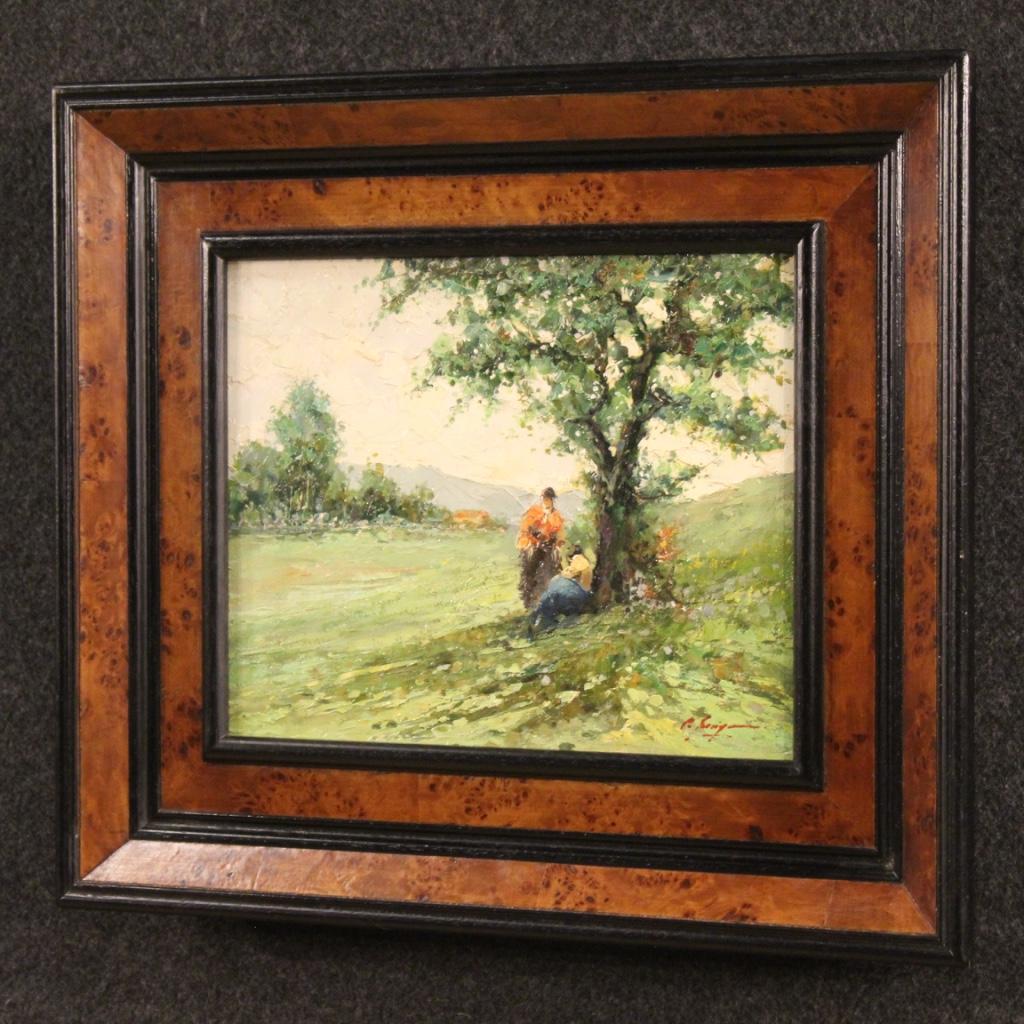 20th Century Oil on Panel Italian Signed Painting Landscape with Characters 1970 6