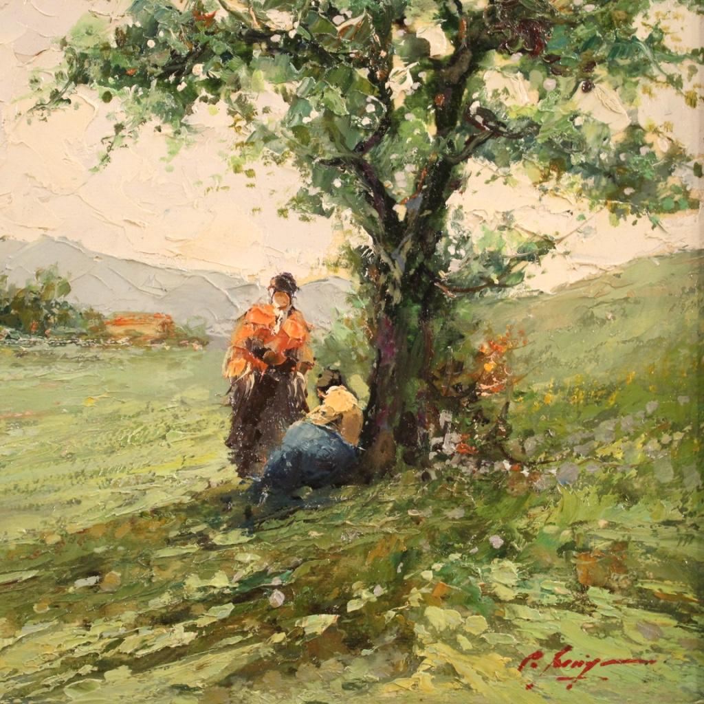 20th Century Oil on Panel Italian Signed Painting Landscape with Characters 1970 In Good Condition In Vicoforte, Piedmont