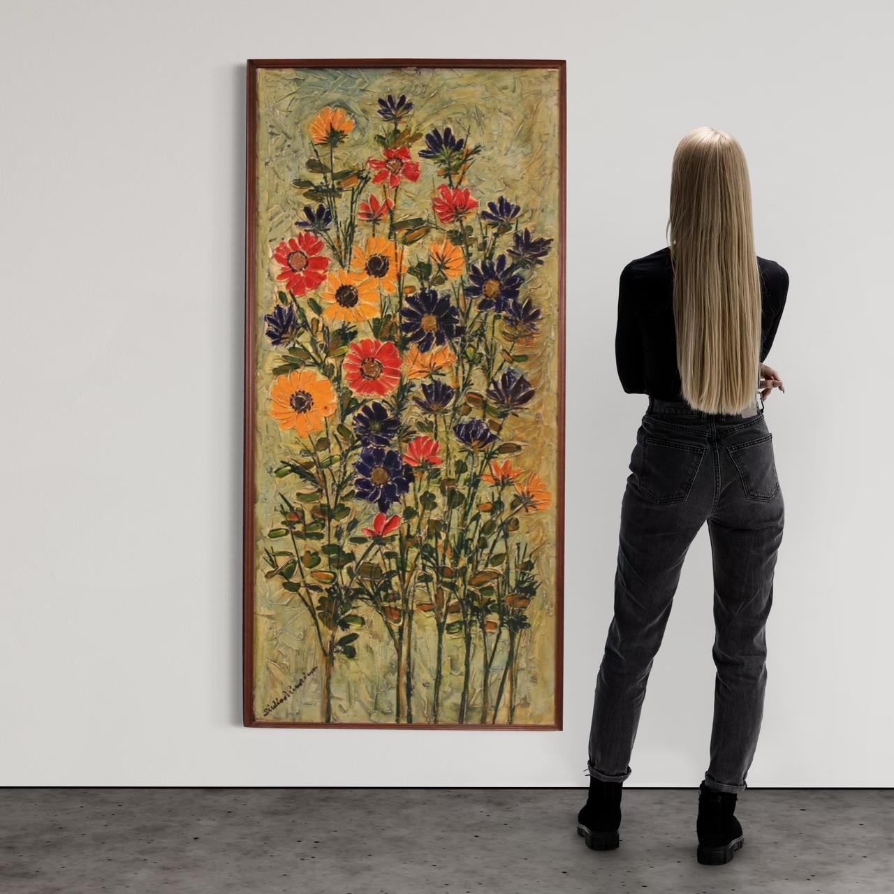 Peinture italienne de la seconde moitié du 20e siècle. Huile sur panneau de contreplaqué représentant une nature morte avec des fleurs dans le style impressionniste, d'une excellente qualité picturale. Une peinture de grande taille et d'un grand