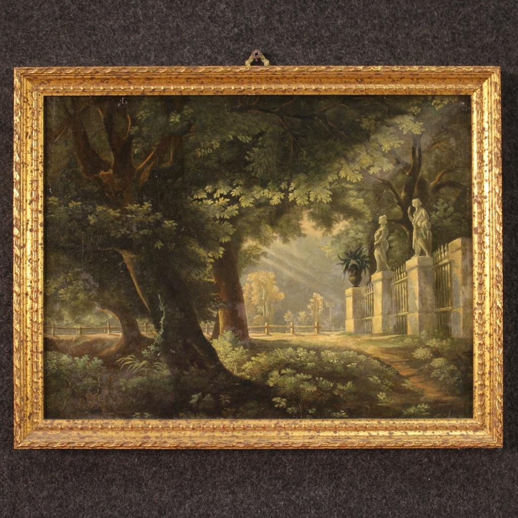 Italian painting from the middle of the 20th century. Framework oil on paper (glued on tablet) depicting a wooded landscape with architectures of good pictorial quality. Modern chiseled and gilded wooden frame of beautiful decoration. Painting of