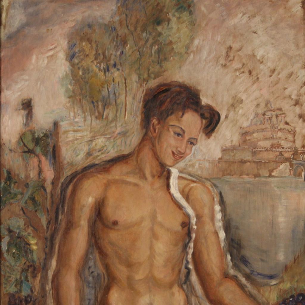 Great Italian painting dated 1938. Framework oil on plywood of exceptional size and impact depicting a male nude (Castel Sant'Angelo background) in a naïf style with good pictorial quality. Painting that develops vertically with a beautifully