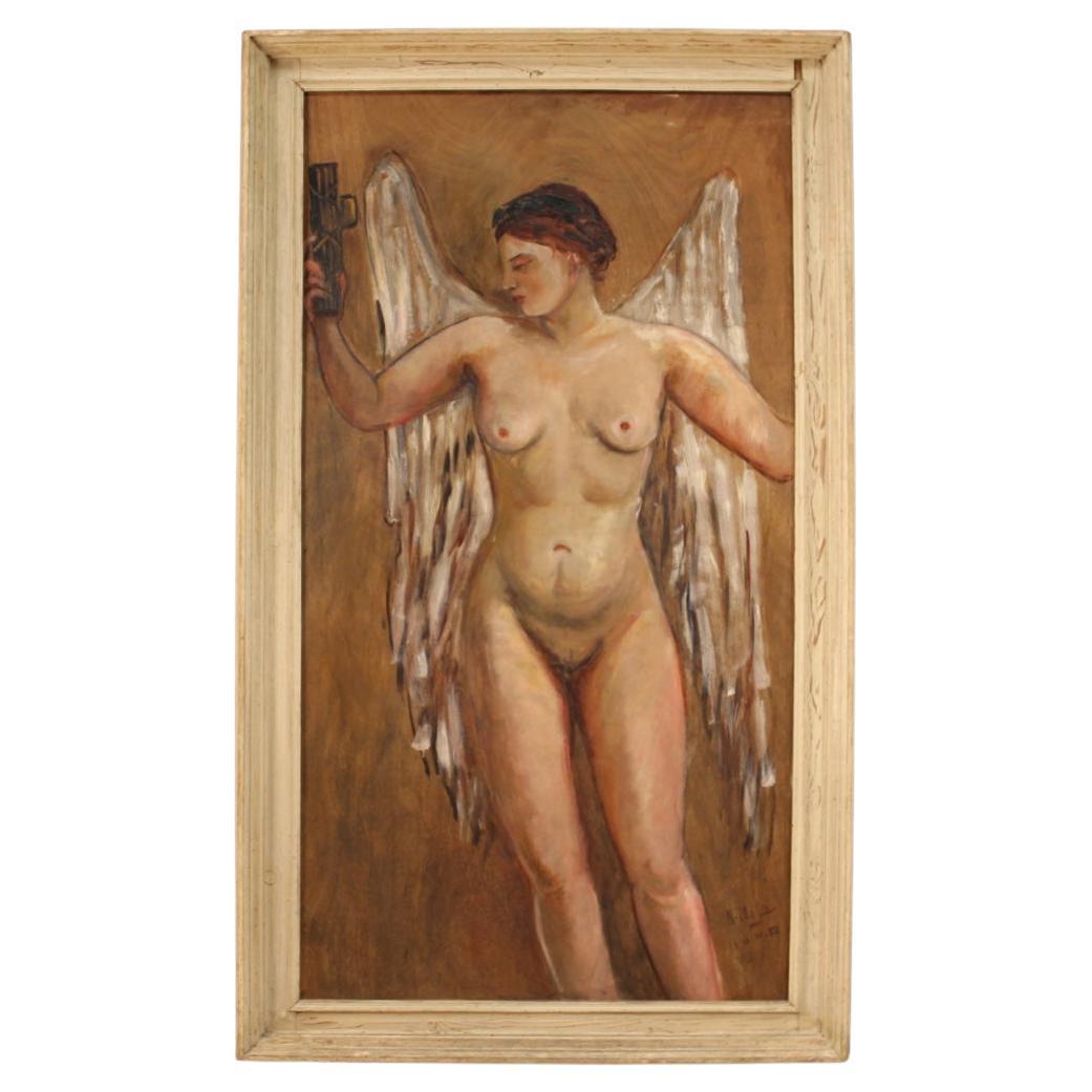 20th Century Oil on Plywood Italian Signed Natalia Mola Painting, Dated 1936 For Sale