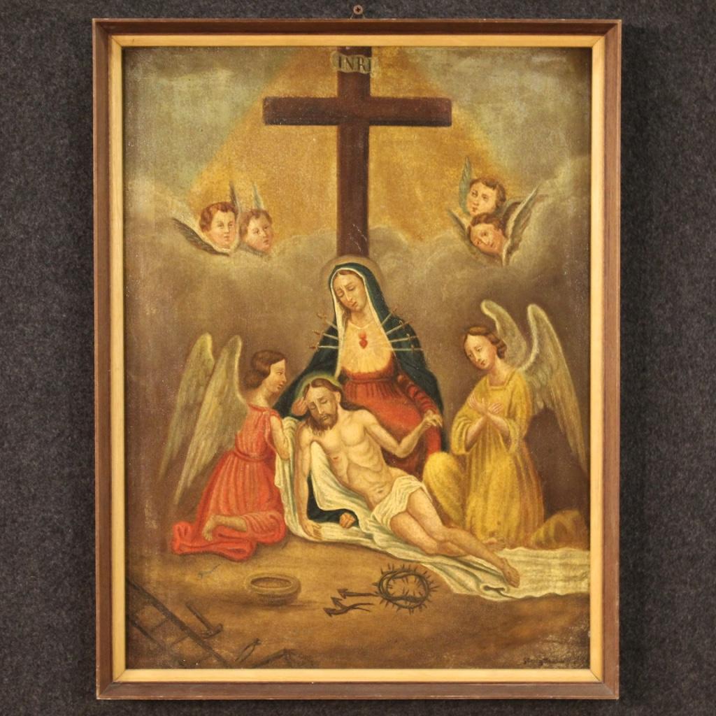 French painting from 20th century. Oil work on sheet metal depicting a religious subject Christ deposition from the Cross with Virgin and angels with a discreet pictorial hand. Painting signed lower right (see photo) difficult to interpret, under