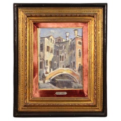 Vintage 20th Century Oil On Tablet Italian Signed Landscape Painting View of Venice 1940