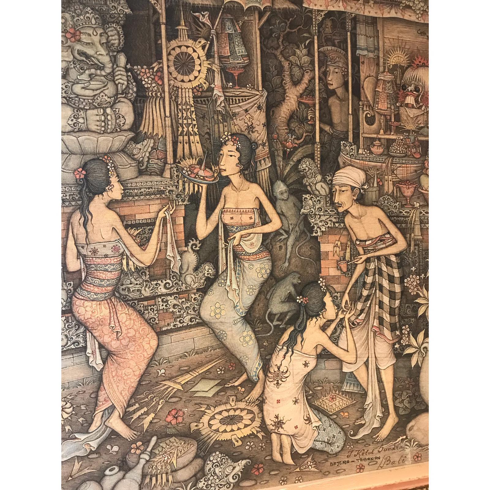 Balinesische Szene des 20. Jahrhunderts, Öl- oder Acryl, signiert vom Künstler Ketut Sundra, 1976 (Gemalt) im Angebot