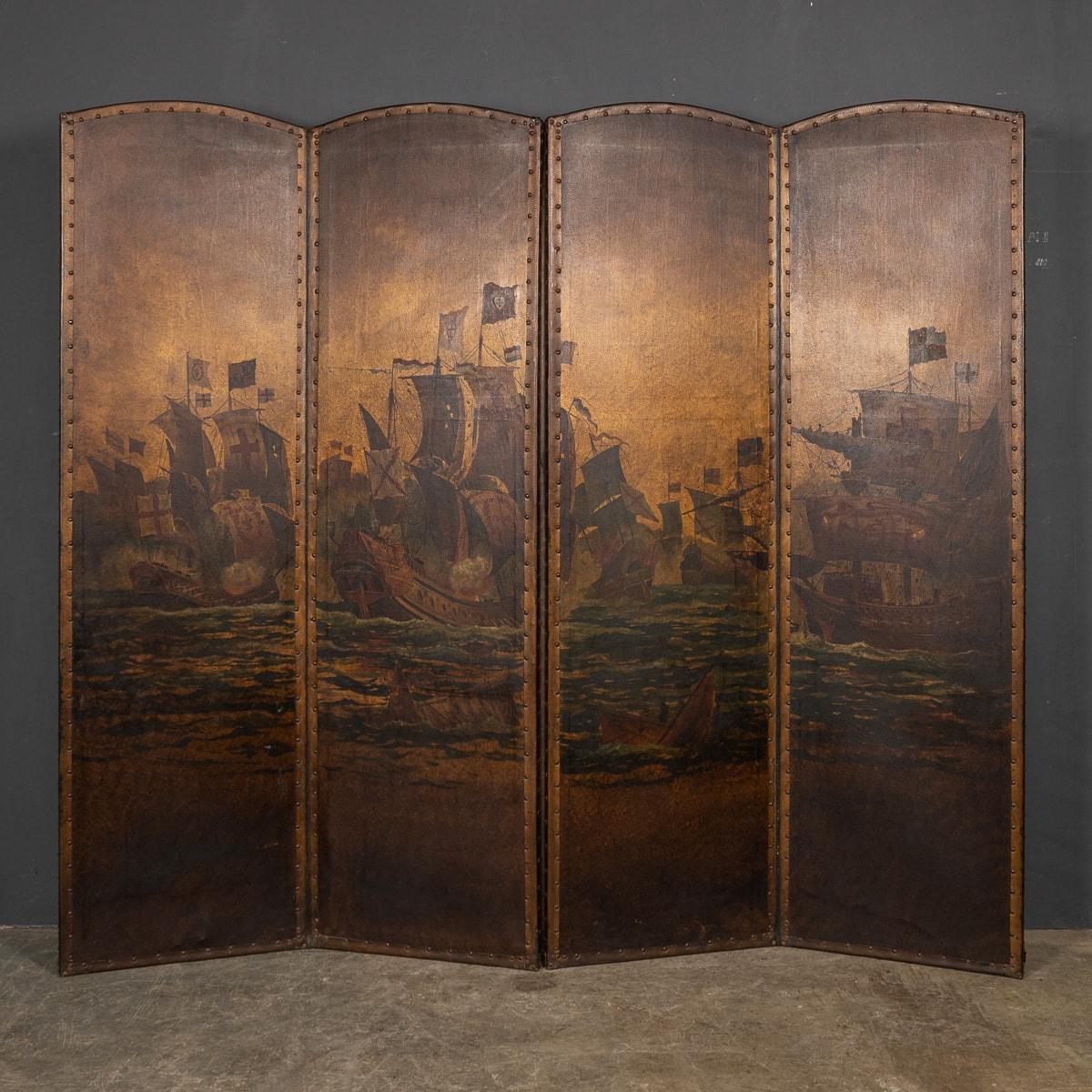 Antique 20th Century beautifully painted four panel dress screen depicting 17th Century battleships at sea. Painted oil on leather, each panel is finished with a studded edge. 

CONDITION
In Good Condition - Some wear consistent with normal use,