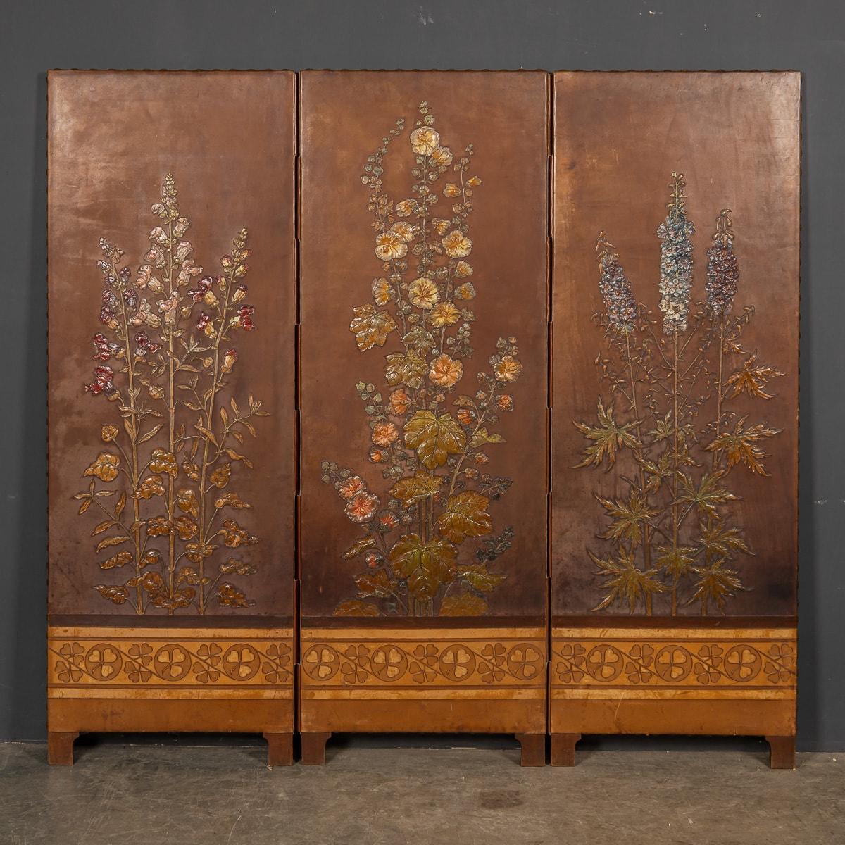 German 20th Century Oil Painted On Leather Room Screen, c.1920
