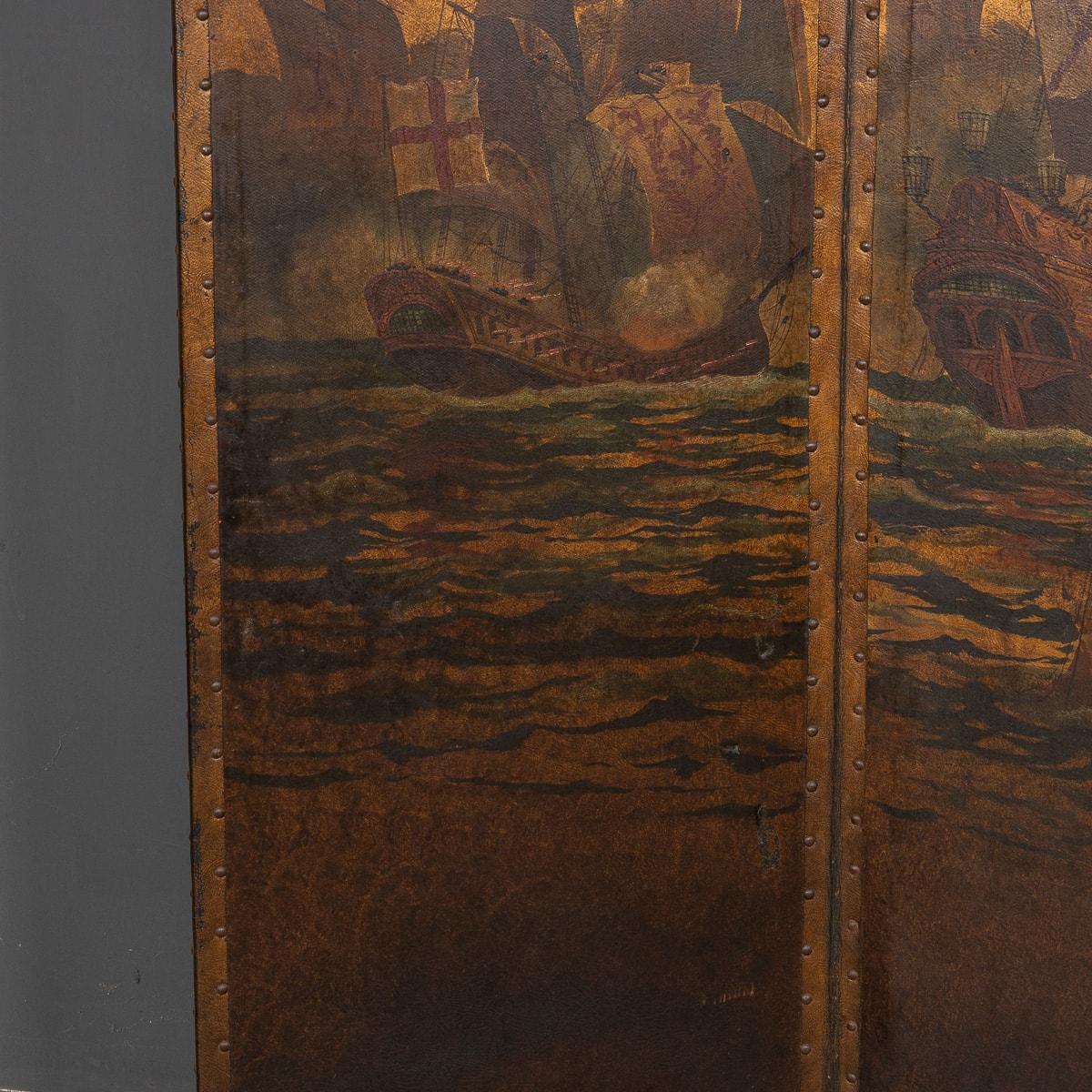 20th Century Oil Painted On Leather Room Screen, c.1920 For Sale 2