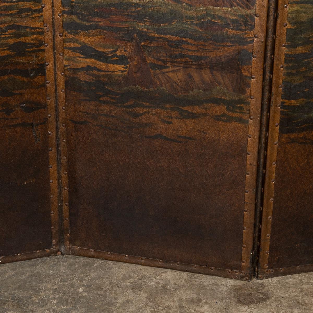 20th Century Oil Painted On Leather Room Screen, c.1920 For Sale 4