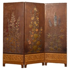 20th Century Oil Painted On Leather Room Screen, c.1920