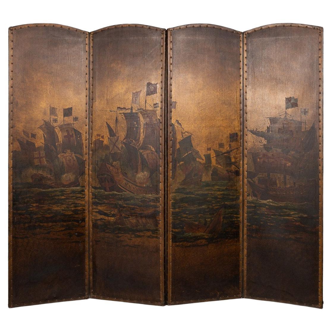 20th Century Oil Painted On Leather Room Screen, c.1920