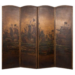 20th Century Oil Painted On Leather Room Screen, c.1920