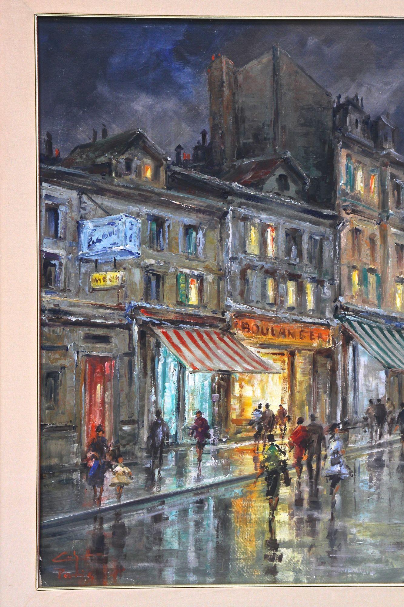Incredibile olio su tela di grandi dimensioni dipinto e altamente decorativo che raffigura un bellissimo scenario di una notte di pioggia a Montmatre - Parigi intorno al 1900. Questo quadro di inizio secolo, realizzato ad arte, cattura lo sguardo di