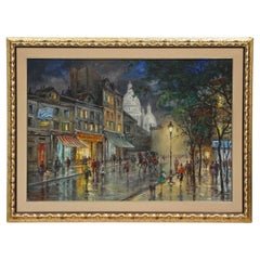 Pittura ad olio del XX secolo "Una notte di pioggia a Montmartre", Olio su tela, firmato