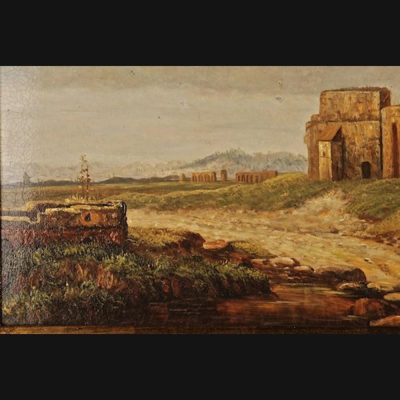 Motiv: Before the Fontana the Porta Fulba, 1839
Extensively composed and stylistically finely worked out, impressionistic landscape with broad brushstroke, which through the different-colored moods of the numerous shades of green and / or shades.