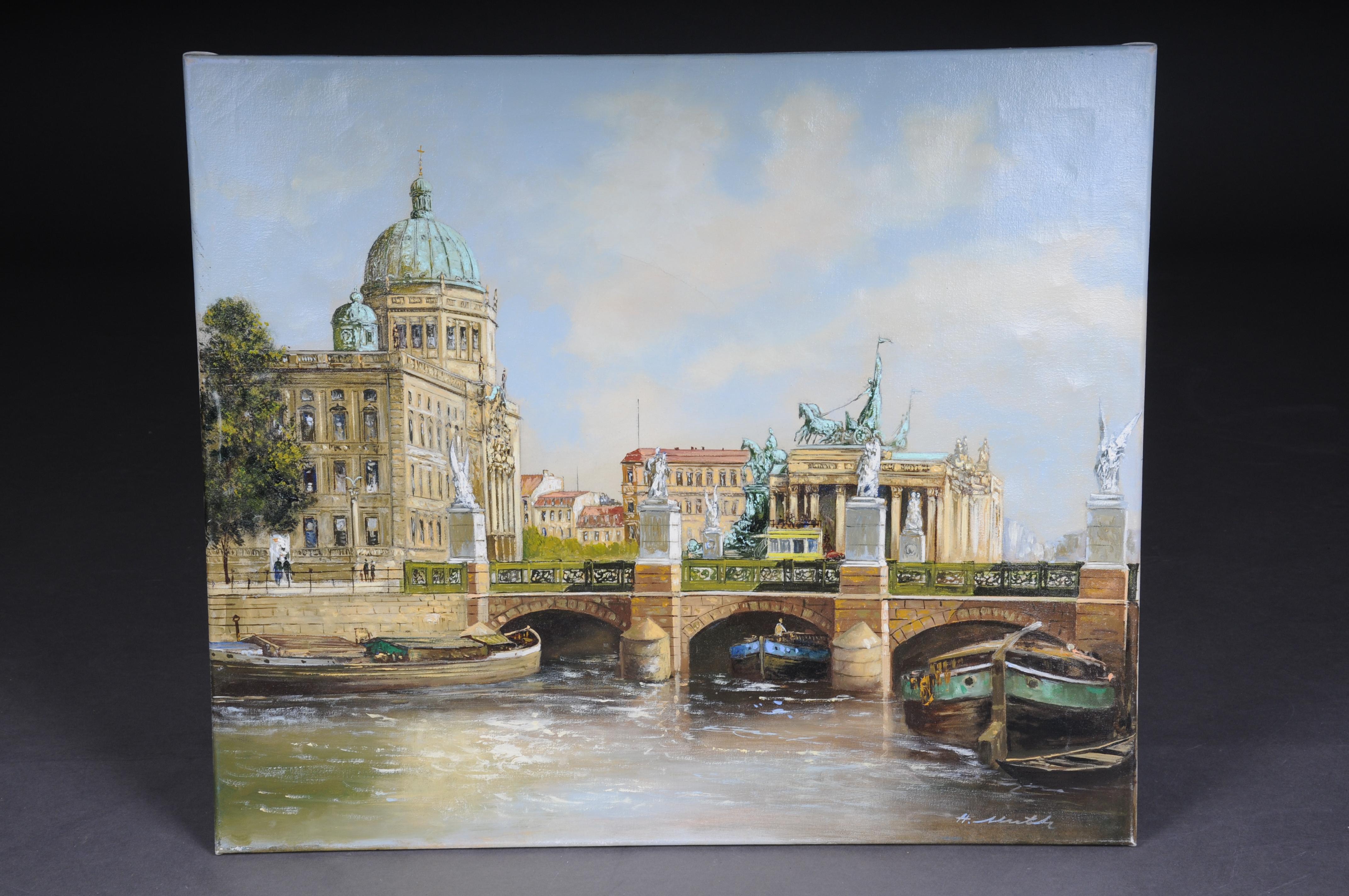 Oil painting by Hermann Muth, Berlin City Palace

Oil on canvas, view of the Berlin City Palace with the pharmacy wing. signed lower right H. Muth.

Hermann Muth (1930-2011) Born on March 22, 1930 in Berlin. His artistic talent was discovered early