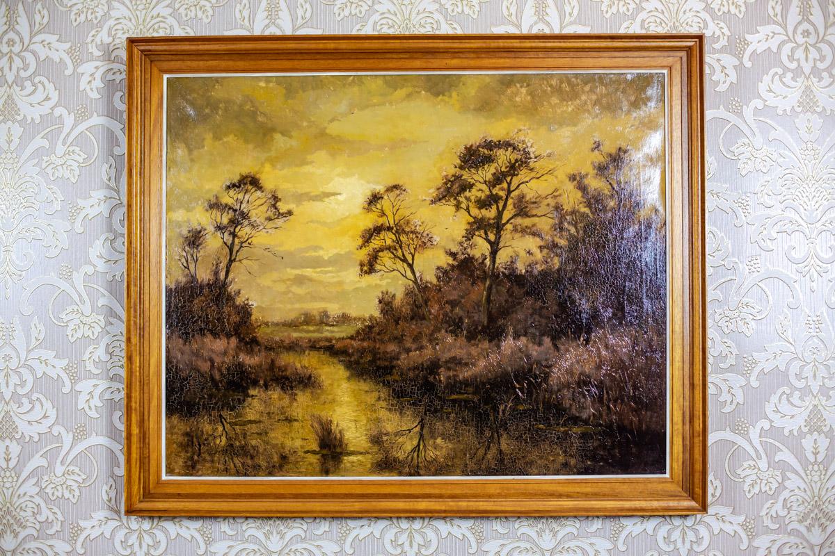 We present you a big oil canvas depicting a landscape.
All kept in the brown-beige color tone.
The painting is signed (the signature is unidentified).
It is closed in a profiled wooden frame.

This piece of art is in very good condition.
There
