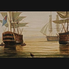 20th Century Oil Painting English Battleships in Coastal Waters