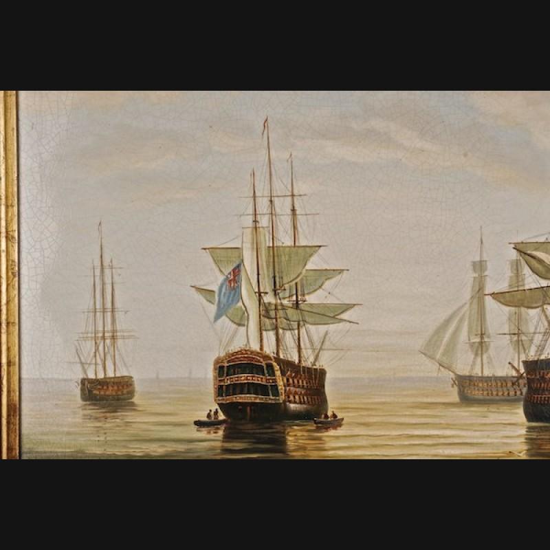 Dipinto a mano Pittura a olio del XX secolo: navi da guerra inglesi in acque costiere in vendita