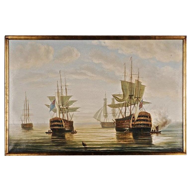 Peinture à l'huile du 20e siècle représentant des navires de bataille anglais dans des eaux côtières