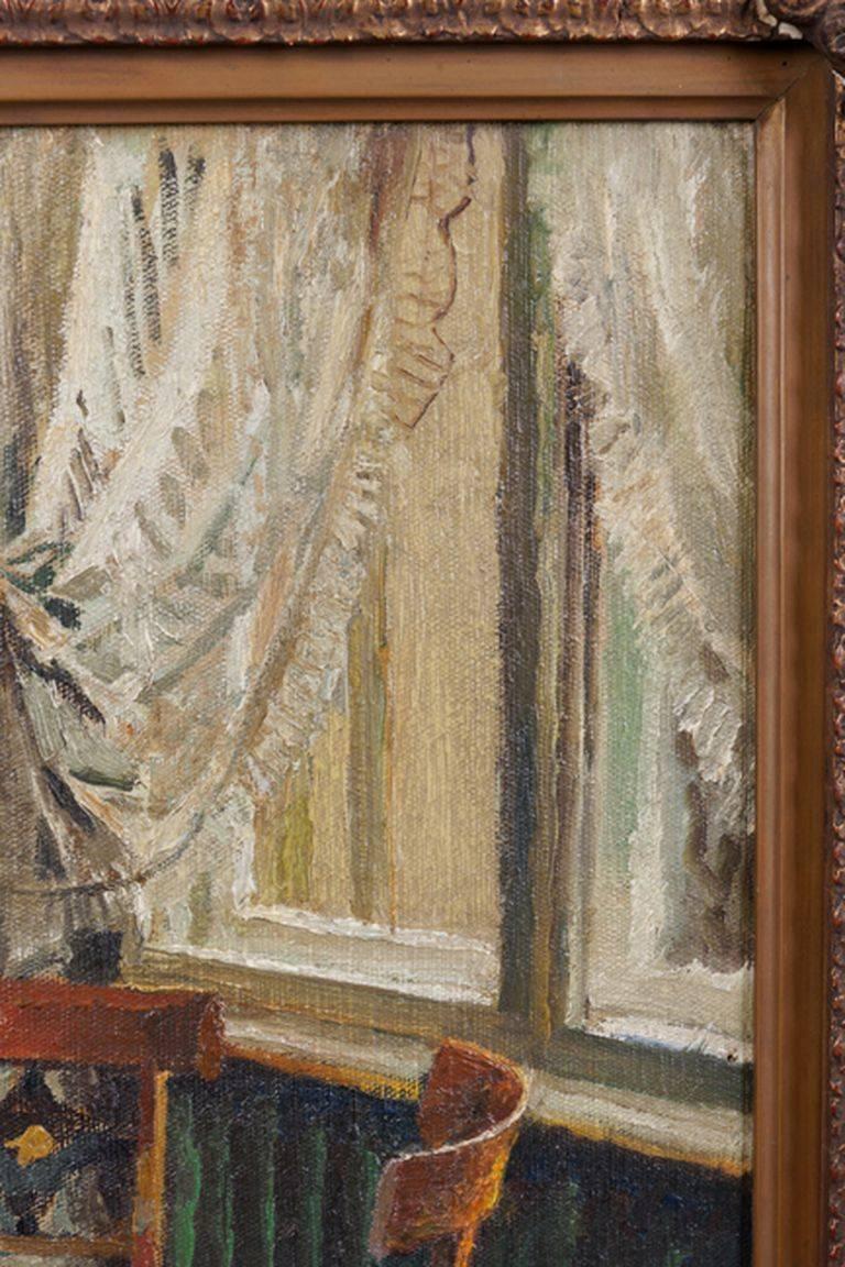 Canvas 20th Century, Oil Painting Interior Biedermeier Room For Sale