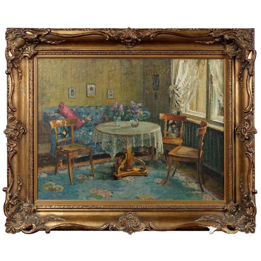 Peinture à l'huile d'intérieur d'une chambre Biedermeier, XXe siècle