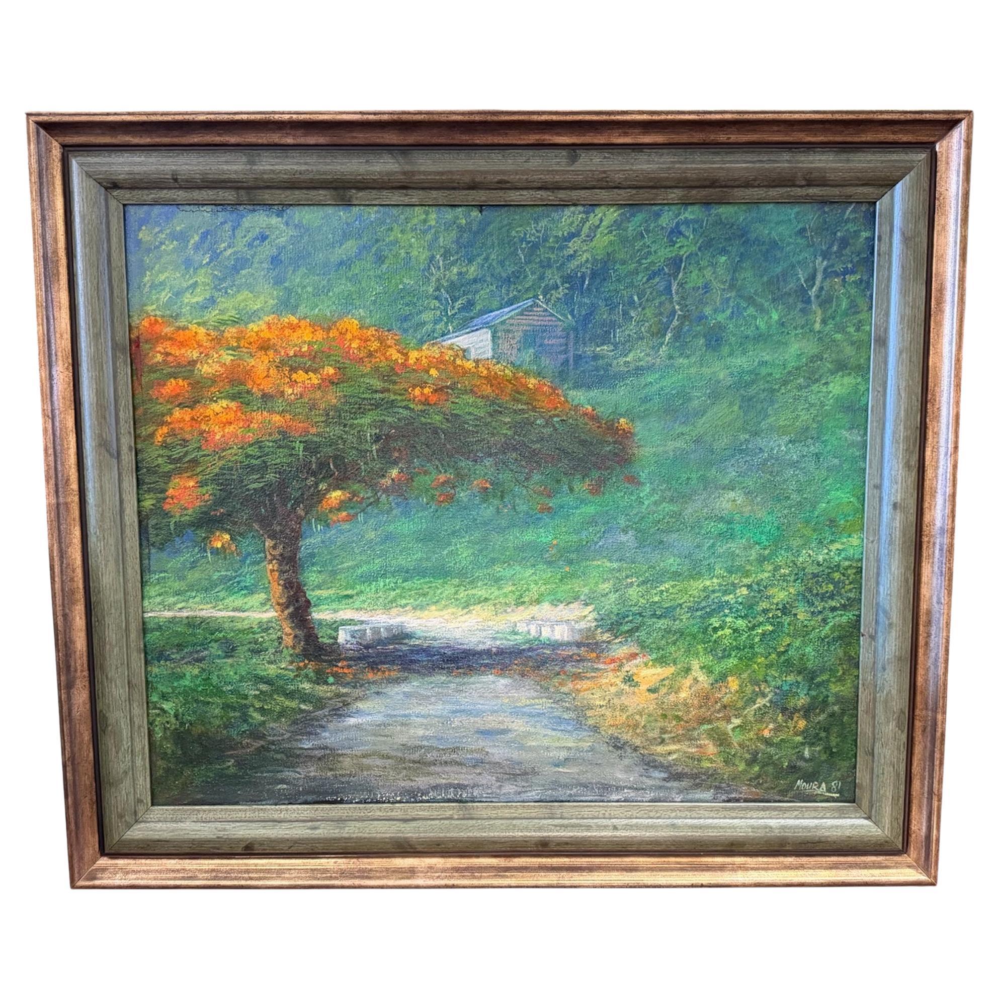 20th Century Oil Painting Of A Flamboyan Tree in a Puerto Rico Landscape