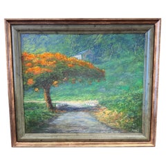 20th Century Oil Painting Of A Flamboyan Tree in a Puerto Rico Landscape