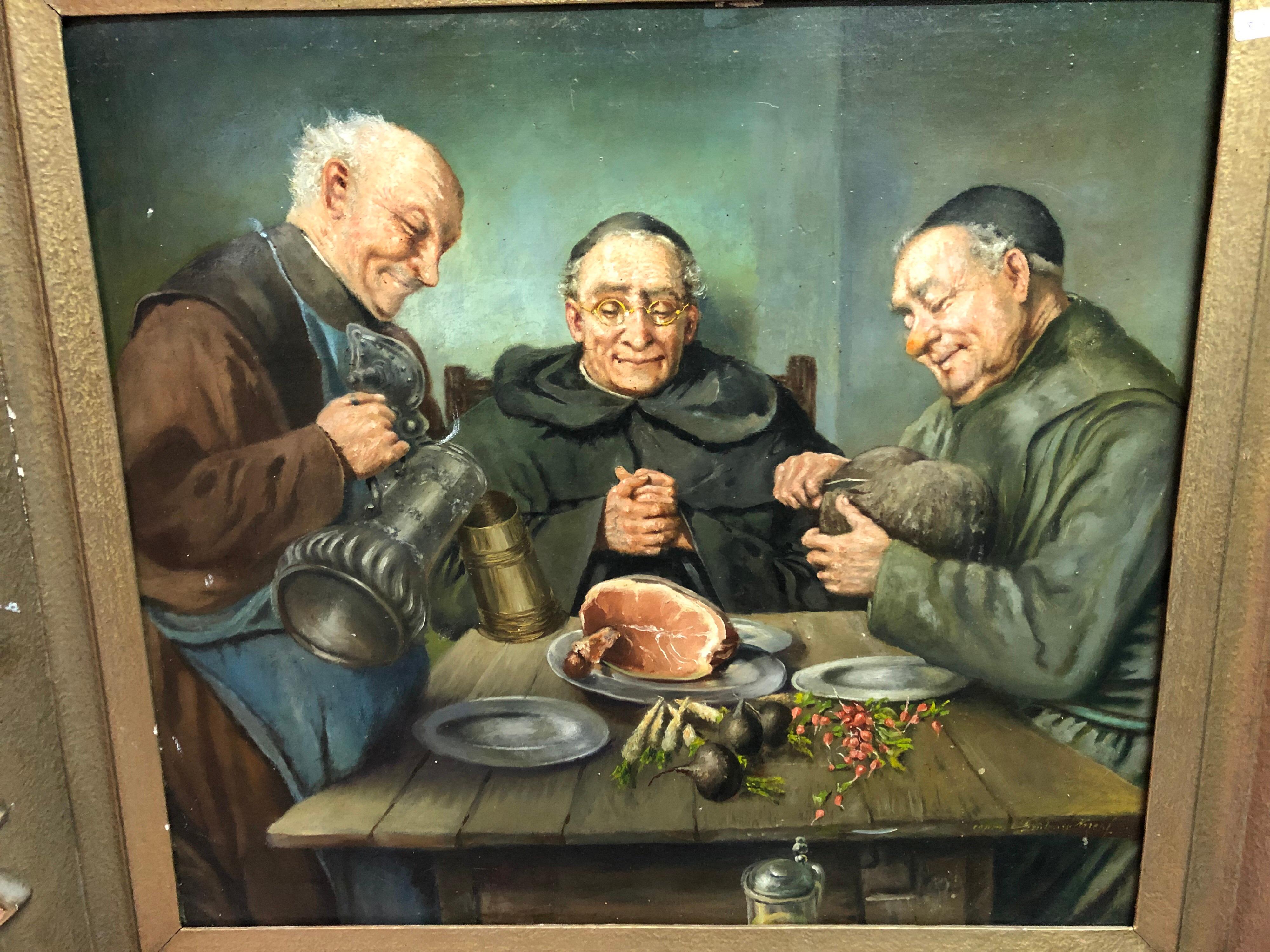 20th century oil painting of dining monks in the wine cellar monastery.
3 monks sitting at the table and dining. Oil on canvas. Hand painted.
Measures: H 67
B 72
T 7.